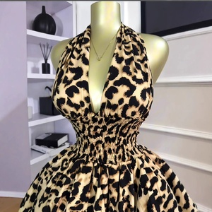 Abito <span class=keywords><strong>Corto</strong></span> Estivo da Donna Stile Europeo-Americano, Nuovo Modello Dolce con Stampa Leopardata, Senza Maniche, Collo Impero, Plissettato e Voluminoso - Product Image 2