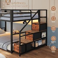 Lit superposé moderne avec rangement et escalier, noir |   Étagère à 3 tiroirs avec éclairage RGB, construction métallique, prise de courant intégrée, pleine longueur