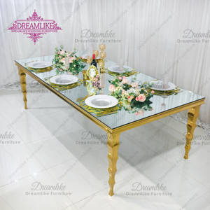 Table de banquet moderne en acier inoxydable avec dessus en verre miroir pour l'extérieur hôtels fêtes restaurants fermes table à manger - Product Image 1
