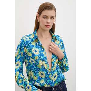 Chemise boutonnée à motif lotus pour femme, imprimé floral bleu, popeline, style décontracté pour tous les jours - Product Image 2