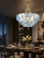 Lustre LED moderne en verre bleu de Murano, suspension en acier inoxydable brossé, artisanat de luxe français, pour salon