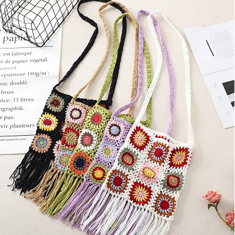 F-1836 tay Crochet đầy màu sắc Granny túi vuông với tua đan Crossbody ví cho phụ nữ cổ điển Boho túi bán buôn