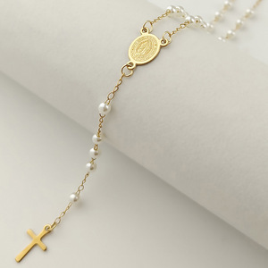 Collar con Colgante de Cruz de Acero Inoxidable, Virgen María, <span class=keywords><strong>Rosario</strong></span>, Perlas de 3 mm, Collares para Joyería Cristiana - Product Image 4