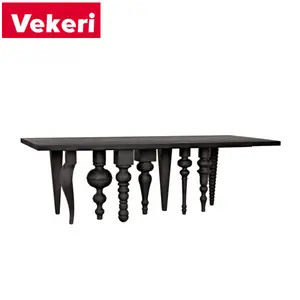 French rustic black solid wood dining table with elegant base for dining room and garden