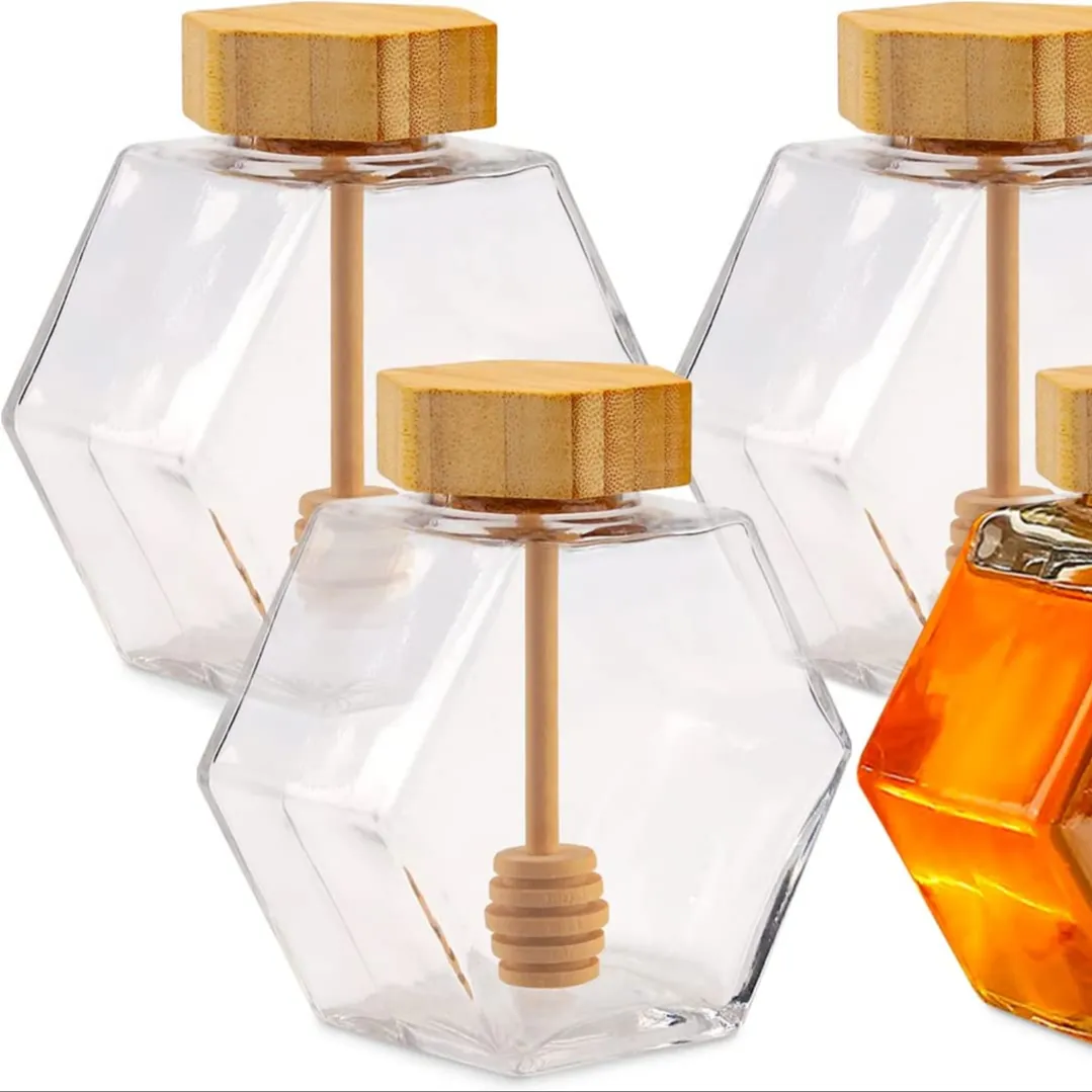 Wholesale Glass Honey Jar with Stir Stick Honey Glass Jar with Lid Clear Glass Honey Jar for sale support custom labels