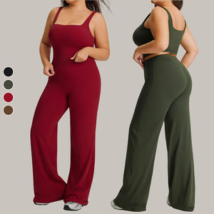 Ensemble de sport <span class=keywords><strong>2</strong></span> pièces uni pour femme : Crop top de gym et pantalon large très élastique avec coussinets amovibles, anti-transpiration, séchage rapide, taille extensible quadridirectionnelle - Product Image 1