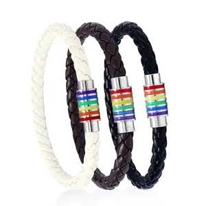 Wholesale LGBT Striped Rainbow Bracelet Enamel Woven Braided PU Leather Couple Gay Pride Bracelet for Men Women