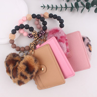 Porte-clés porte-cartes en cuir PU avec porte-monnaie en peluche imprimé léopard amour boule de cheveux breloque