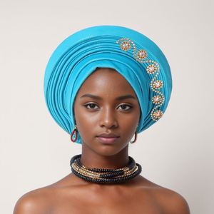 Vente en gros Nouveauté 2024 : Turban pour fille avec strass, Magnifiques chapeaux turban africains ornés de pierres, Foulard de mariage de luxe pour femme - Product Image 1
