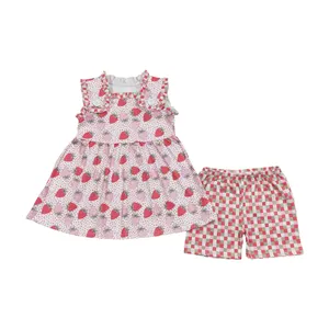 High Quality Factory Sale Children Clothing New Fashion Floral Strawberry Top Matching Blue Shorts Baby Girls Boutique Outfit