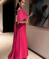 Robes de soirée de luxe perlées fuchsia Dubaï, robes de mariée longues à épaules dénudées pour femmes arabes, robes de soirée formelles SF123-1