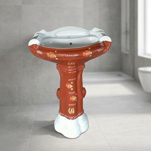 Lavabo ovale moderne en céramique rouge avec piédestal, ensemble mural pour salle de bain, lavabo sur pied complet - Product Image 3