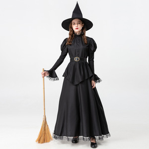Conjunto de disfraz de bruja negra, vestido de manga larga, sombrero, cinturón, traje de cosplay para Halloween, talla única para mujer adulta - Product Image 5