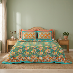 Drap plat en coton imprimé premium, motif floral bohème, literie indienne, taille Queen/King, fait main à Jaipur - Product Image 2