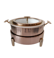 Luxe ronde roestvrijstalen chafing dish buffetwarmer met glazen deksel, geschikt voor catering, hotels, restaurants en banketten.
