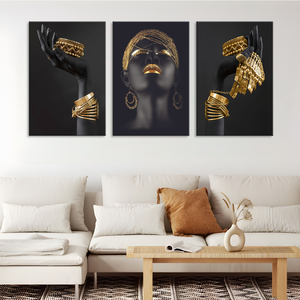 Donna africana arte della parete pittura di arte <span class=keywords><strong>Poster</strong></span> e stampe donna nera arte <span class=keywords><strong>con</strong></span> gioielli in oro tela immagine decorazione per la casa - Product Image 2