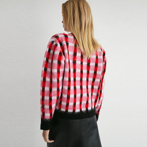 <span class=keywords><strong>Pull</strong></span> à motif à carreaux Vintage <span class=keywords><strong>dessin</strong></span> cardigan femme sans bouton de cravate col blanc porter - Product Image 4