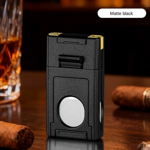 Briquet à cigares personnalisé à double flamme torche, résistant au vent, flamme bleue, avec coupe-cigare et aiguille, design compact - Product Image 1
