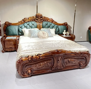 Lit double de style européen en bois massif avec rangement en cuir d'ébène et table de chevet intégrée 2m - Product Image 6