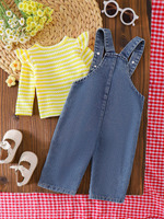 Setelan Jeans Suspender Bunga 3D Atasan Lengan Panjang Motif Bunga Bergaris Kuning Lucu Kasual untuk Anak Perempuan