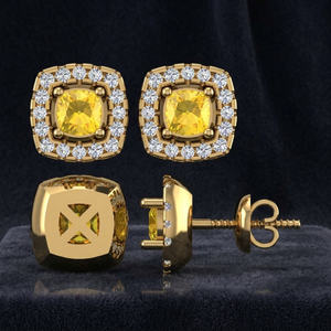 Boucles d'oreilles clous halo en diamant jaune fantaisie certifié, or blanc 14 carats, mignonnes et luxueuses, pour femme, fiançailles, mariage, soirée - Product Image 3