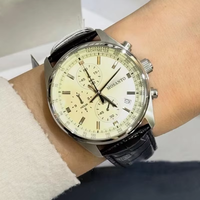 Montre à quartz pour homme, cadran crème, lunette tachymètre, fonction date, bracelet en cuir motif crocodile, style business décontracté, multifonctionnelle, avec boîte