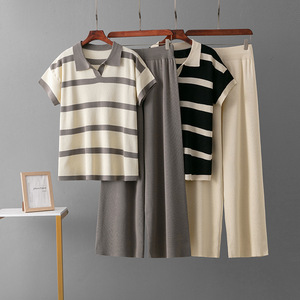 Women's Summer New Casual Fashion Sweater Set Breathable Striped Pattern Knitted Top and Wide Leg <b>Pants</b> with Loose Fit - Product Image 2