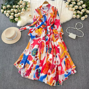 فستان نسائي كاجوال أنيق كوري جديد بطبعة زهور وأكمام طويلة مقاس كبير للبيع بالجملة - Product Image 6