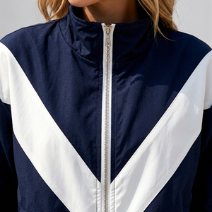 Ensemble coupe-vent pour femmes, bleu marine et blanc, veste et short de sport à fermeture éclair, 2 pièces, vêtements de sport décontractés - Product Image 2