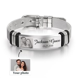 Stainless Steel Personalized Men's <b>Bracelet</b> | Custom Laser Engrave Names & Photo | Perfect Wedding Anniversary <b>Couple</b> Gift - Product Image 1