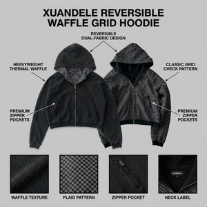 Felpa con Cappuccio Reversibile in Maglia Waffle Pesante con Zip per Uomo e Donna, Unisex, Oversize, Foderata <span class=keywords><strong>a</strong></span> Quadri, Giacca Termica con Cappuccio, Streetwear - Product Image 2