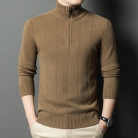Pull en maille côtelée pour homme, coupe ajustée, col montant, demi-fermeture éclair, en laine et cachemire, style luxe discret, avec logo personnalisé OEM