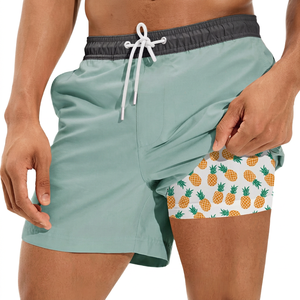 <b>Men's</b> Reversible Pineapple <b>Print</b> Beach <b>Shorts</b> Mid Waist Drawstring Quick Dry Swim Trunks with Pockets Light Green and White - Product Image 1