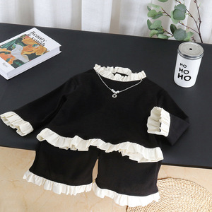 Conjunto de Ropa de Dos Piezas para Niñas, Primavera-Otoño, Manga Larga, con Encaje y Collar Decorativo - Product Image 3