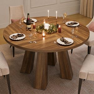 Table à manger ronde SENYU en noyer de 47 pouces avec 4 pieds inclinés robustes, base en bois géométrique pour 4 à 6 personnes. - Product Image 1