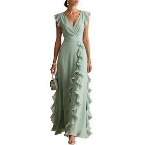 Abito Lungo con Scollo a V in Chiffon <span class=keywords><strong>Elegante</strong></span> con Volant <span class=keywords><strong>Abbigliamento</strong></span> <span class=keywords><strong>Casual</strong></span> da Donna all'Ingrosso - Product Image 2