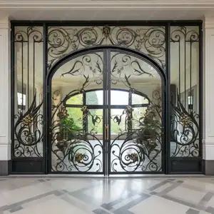 Diseño superior redondo de puertas francesas delanteras populares de América del Norte con puerta de entrada decorativa de hierro forjado