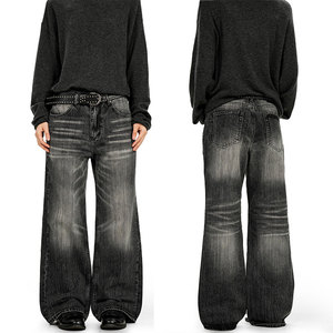 Vaqueros anchos de mezclilla para <span class=keywords><strong>hombre</strong></span>, de algodón ecológico oscuro tejido a medida, de pierna recta, cintura media, estilo urbano, ODM, para hombres de talla grande - Product Image 1
