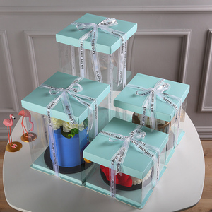 トップセールスクエアバースデーケーキボックス12X12X6食品包装カスタムロゴ卸売透明ベーカリーケーキボックスリボンハンドル付き - Product Image 4