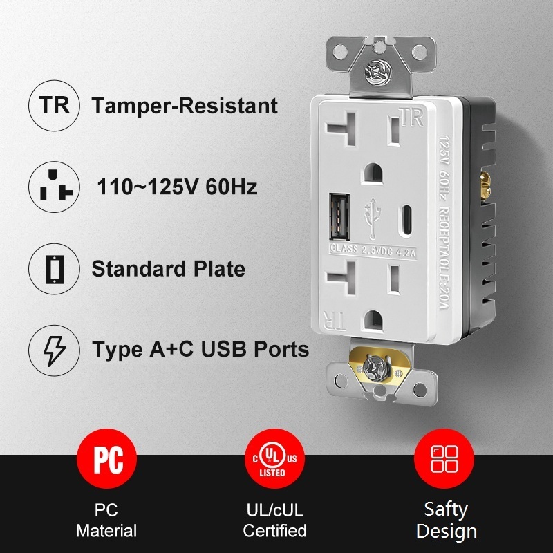20A American Best High Speed Fast Charge 21W Power Receptacle Type c Usb In Wall Charger Outlet With USB · image 5