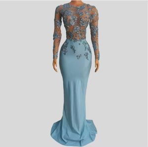 فستان سهرة أزرق طويل بأكمام طويلة ومطرز بالترتر، فستان فاخر وجذاب عالي الجودة بمقاس كبير للحفلات والمناسبات، قابل للتخصيص - Product Image 1