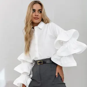 Chic Designer Clothing 2024 Fashion Lady Party Blouses Et Chemises And Tops Pour Femmes White Ruffle Long Sleeve Blouse Women