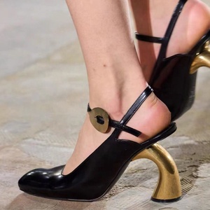 Women's Square Toe Patent Sandals Slingback Style Summer Gold Buckles Back Strap Pumps <b>Hook</b> High Heels <b>Shoes</b> - Product Image 6
