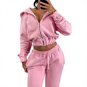 Women <b>Pink</b> Hooded Zipper <b>Tracksuit</b> Full Length Side Pockets Casual Solid Color Cotton Material Loose Fit Spring Wear - Product Image 4