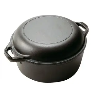 2-in-1 Pre-Seasoned Cast Iron Dutch Oven Pot with Skillet Lid Cooking Pan Cookware Pan for Bread, Frying, Baking, Camping, 5QT