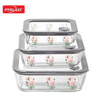 Boîte de conservation alimentaire en verre borosilicate Pyglass avec décor en décalcomanie à la four, couvercle hermétique, compatible micro-ondes