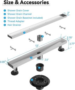 Drain de sol de douche moderne en acier inoxydable 304 de 12 pouces avec grille, pieds de nivellement réglables amovibles - Product Image 2