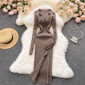 Vestido de Punto Coreano para Mujer, Manga Larga, Cuello en V, Elástico, Ajustado, Tipo Lápiz, Otoño 2021, Sexy, Vestido de Suéter con Abertura - Product Image 5