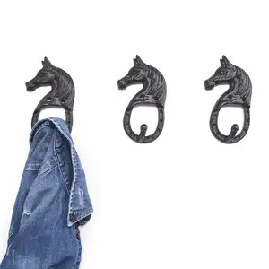 Merican-gancho de tres cabezas de caballo de hierro forjado, gancho de pared vintage nostálgico Gua