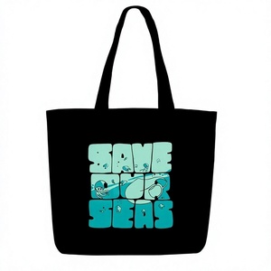 Sac fourre-tout en toile noire de taille moyenne avec impression « Save Our Seas » et poignée longue pour le shopping - Product Image 1